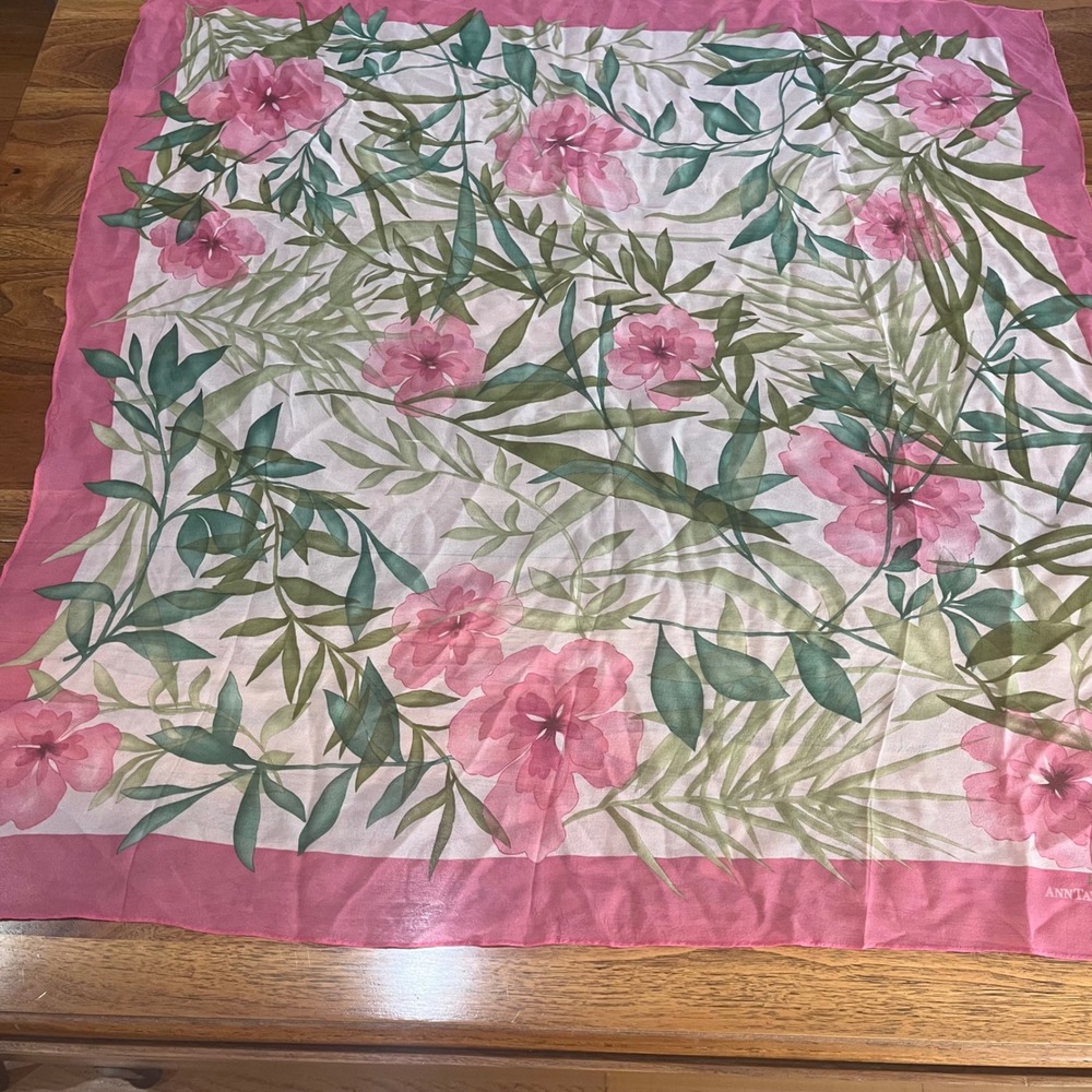 Vtg Ann Taylor Pink Floral Silk Scarf Made in Japan Watercolor Botanical Square
